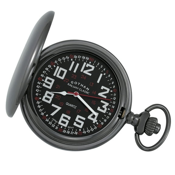 Gotham Men's Gun Metal Railroad Polished Finish Covered Quartz Pocket Watch # GWC15044BBK
