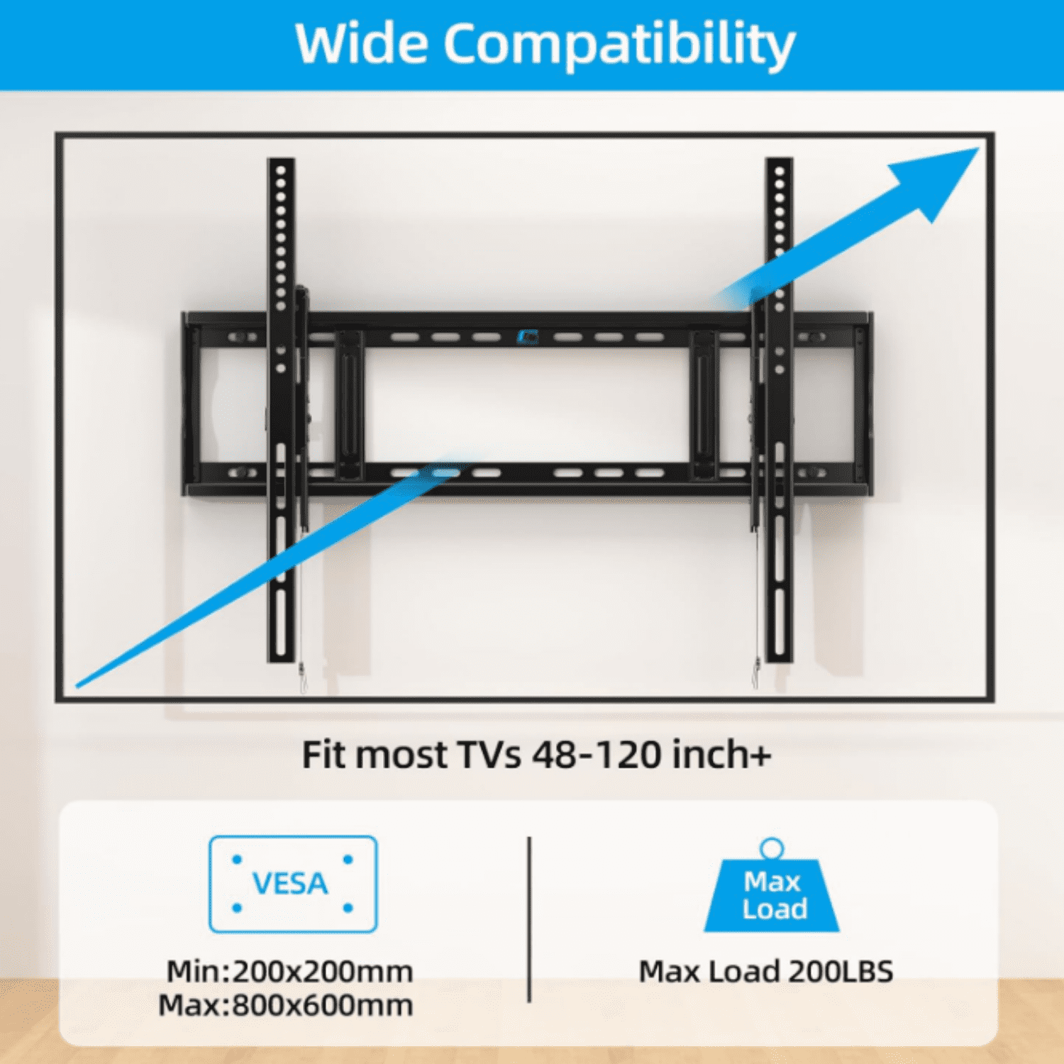 Heavy Duty Tilt TV Wall Mount Bracket for 48-120 Inch Flat/Curved TVs, 200Lbs Capacity, Fits 16/18/24 Inch Studs, Max VESA 800x600mm for LED OLED LCD