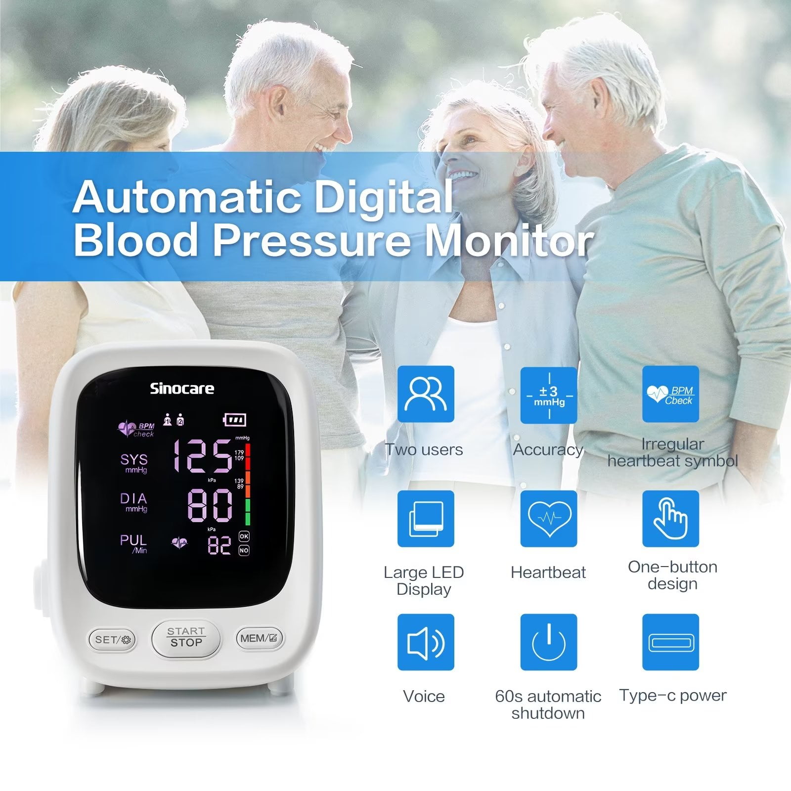Automatic Digital Upper Arm Blood Pressure Monitor with Cuff fits Larg -  sinokmed