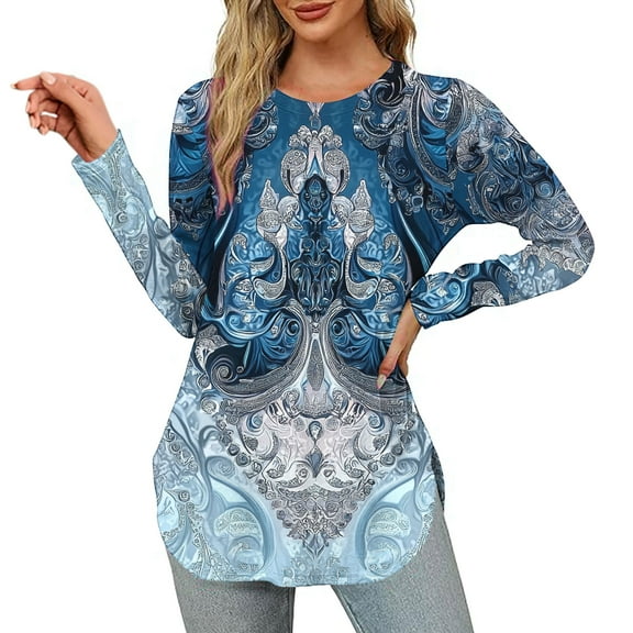 Neewe Womens Crewneck Long Sleeve Tops Casual Floral Printed Tops Fall Summer 2025 Tshirts Shirts