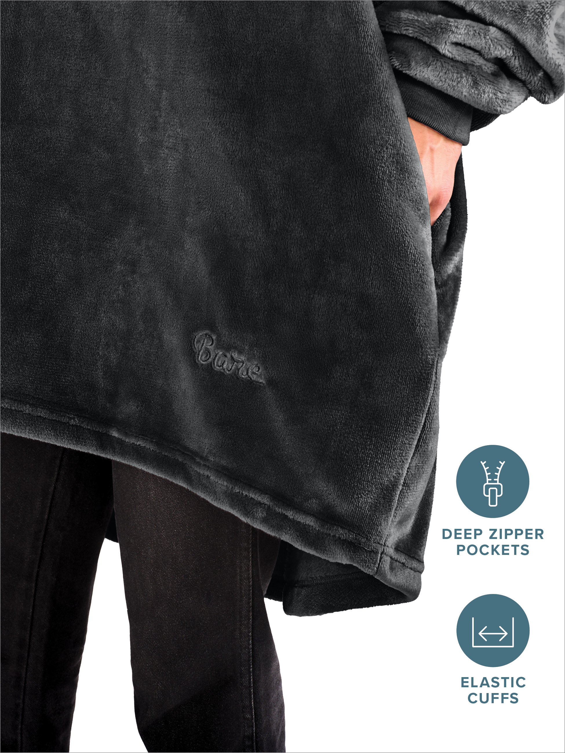 Bare Homey Adult Size Microplush Wearable Blanket - Zipper Side Pockets - Warm - Velvety Soft, Black