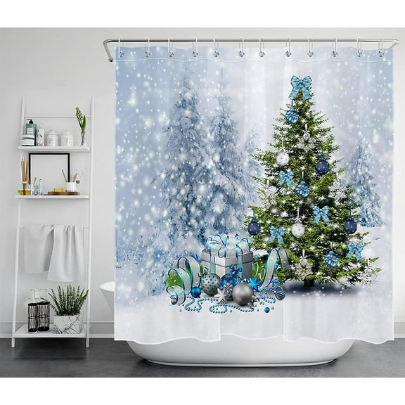 Christmas Pine Tree Shower Curtain Blue Silvery Xmas Balls Gifts Bow Winter Forest Snow Scene White Snowflake Bathroom Curtain for Kids with Hooks Fabric Durable-36"W x 72"L (Pack of 1)