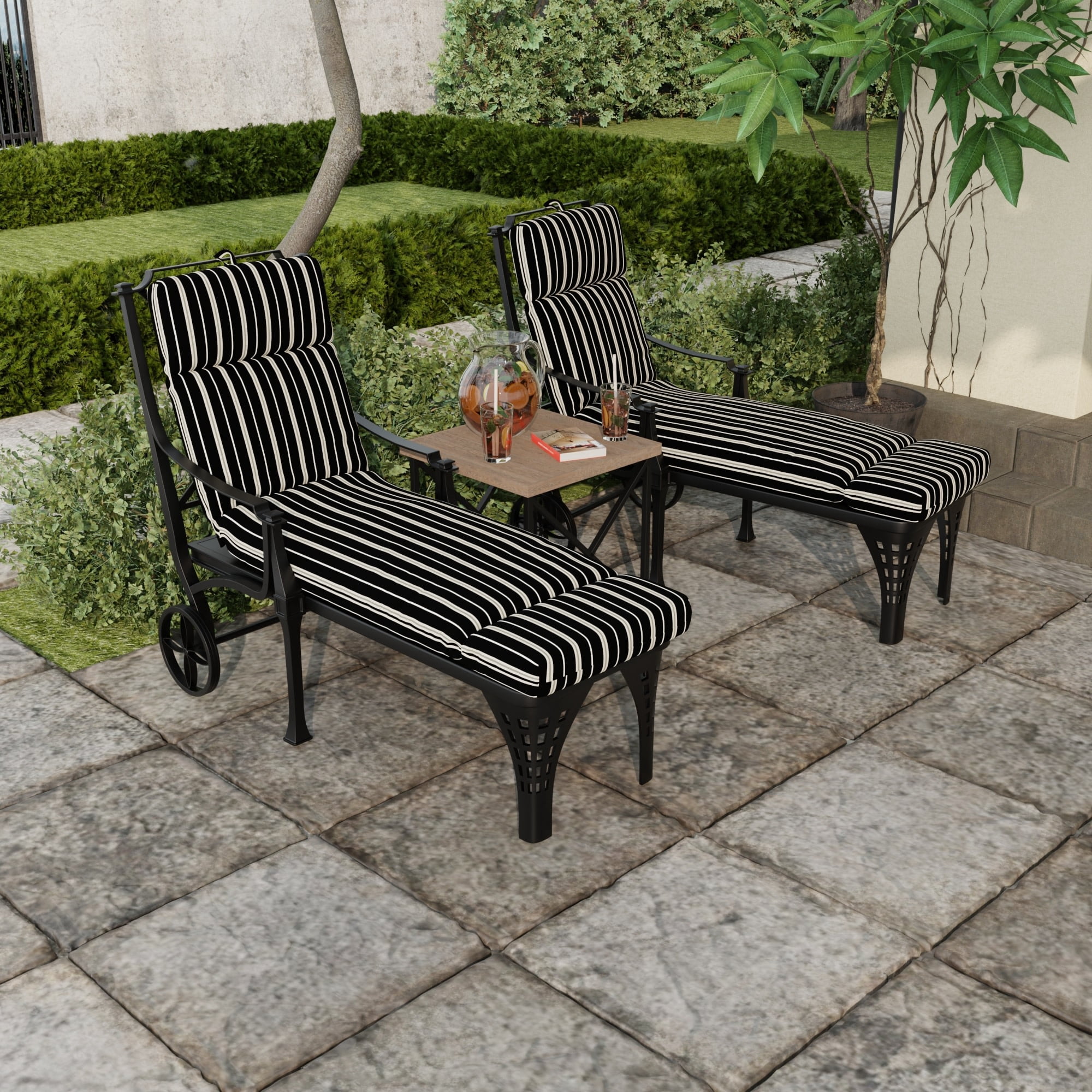 Jordan Manufacturing 72" x 22" Platt Ink Black Stripe Rectangular Outdoor Chaise Lounge Cushion with Ties and Hanger Loop