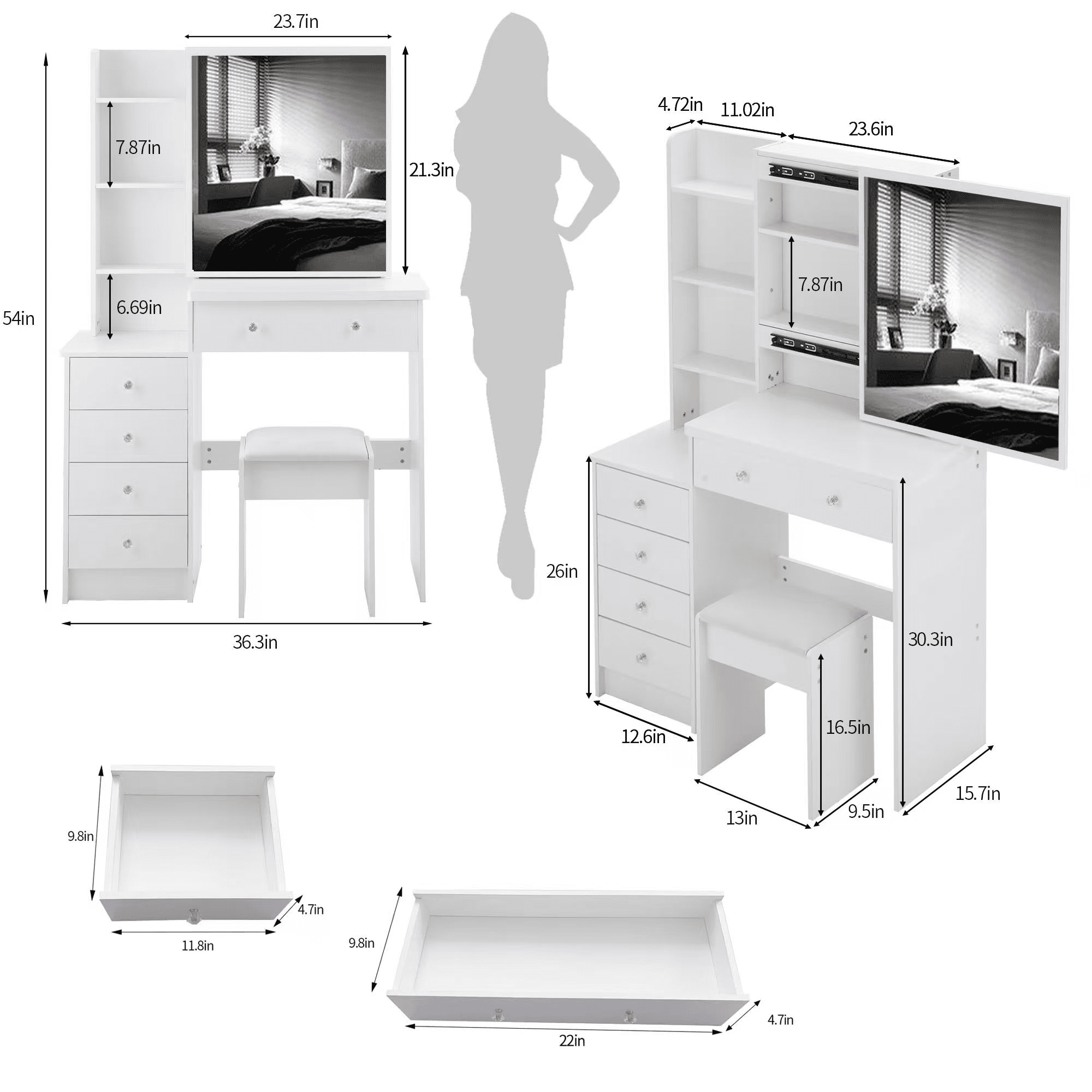 37" Large Space Dresser Set with Sliding Mirror & Stool, MDF Vanity Table with Multi-Layer Storage, American Design for Bedroom