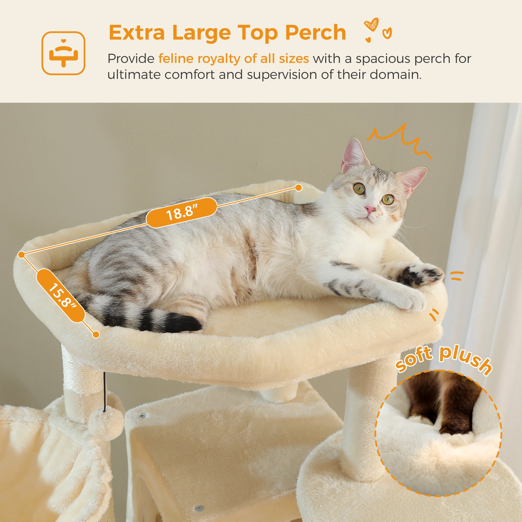 Pefilos 70" Tall Cat Tree Tower with Hammock, 5 Scratching Posts, 2 Condos and a Large Top Perches for Large Cats, Beige