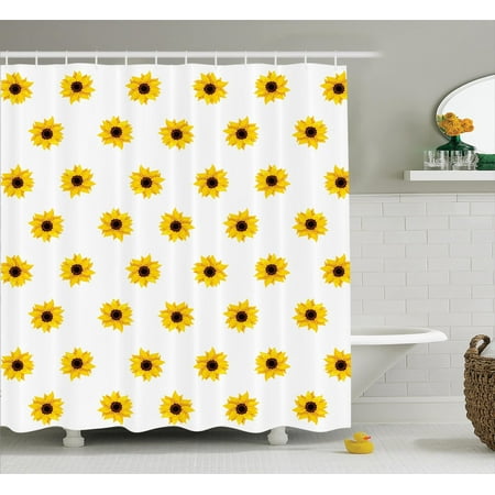 Simple Bathroom Decor Sunflower Decor Shower Curtain Set, Sunflower Pattern On A White Background Vibrant Nature Elements Simple Seasonal Artprint, Bathroom Accessories, 69W X 70L Inches, By Ambesonne ()
