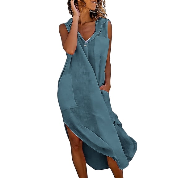 Sun Dresses for Women Casual Plus Size New Women Summer and Linen Solid Color Causal Turn down Collar Sleeveless Button Dress Style B-5 Blue S
