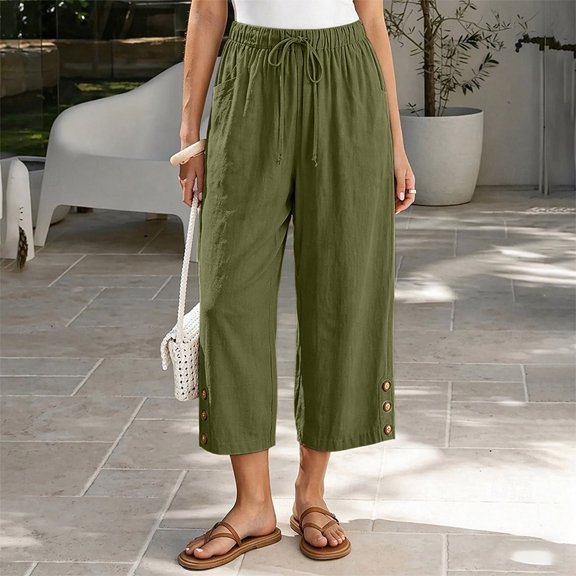 Oiangi Women's Wide Leg Capri Pants Elastic Waist Drawstring Ruched Capris Casual Button Pockets Crop Trousers for Vacation Travel Army Green 2XL