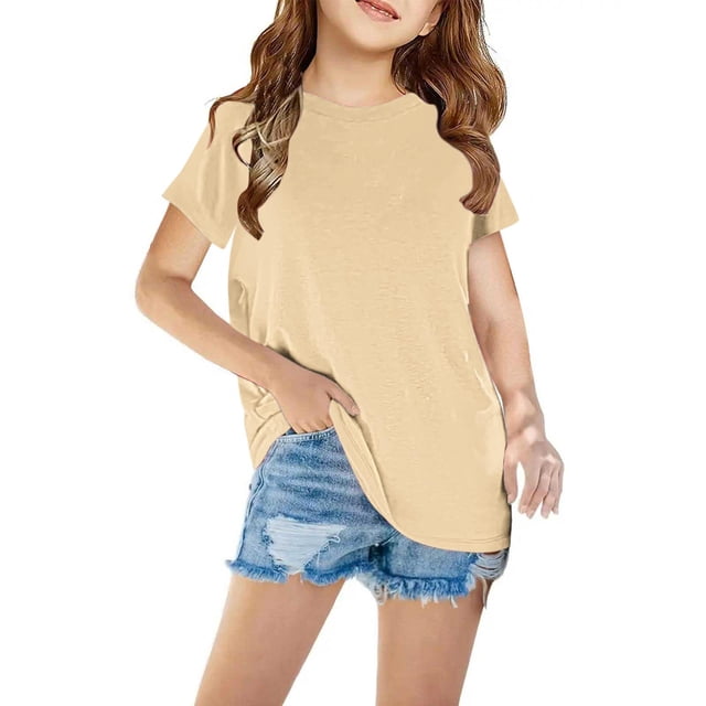 T-Shirts pour Filles Col Rond Manches Courtes Été Hauts Enfants Basiques 3-14 Ans