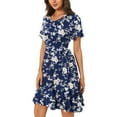 thumbnail image 6 of Wycnly Formal Dresses for Women Tie Waist Loose Flowy Ruffle Swing Beach Dress Round Neck Short Sleeve Floral Print Summer Mini Dresses Dark Blue XL Clothes, 6 of 7