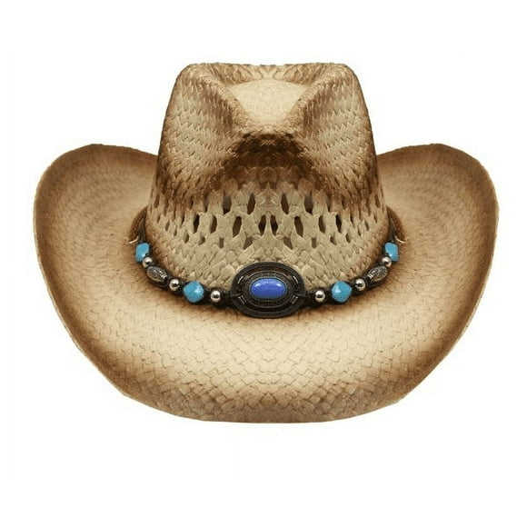 Tea Stain Straw COWBOY HAT w/ Turquoise Blue Beads WOMEN WESTERN Cowgirl