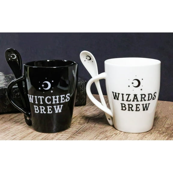 Set Of 2 Wicca Moons Black Witches And White Wizards Brew Cup Mugs And Spoons