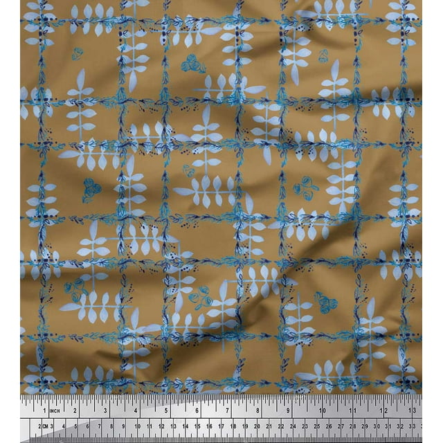 Soimoi Brown polyester Crepe Fabric Leaves & Floral Check Decor Fabric Printed Yard 52 Inch Wide