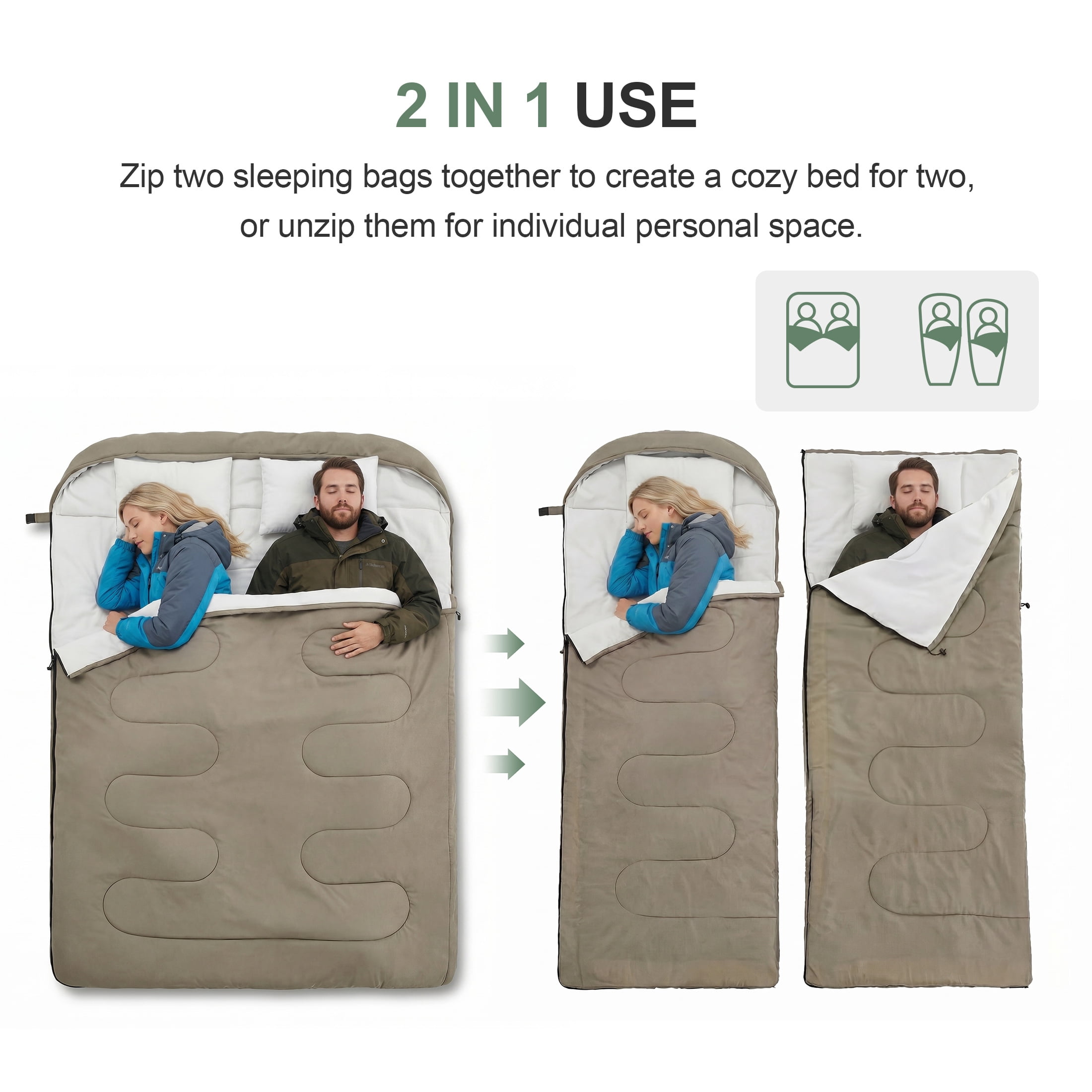CONCETTA Lightweight Double Sleeping Bag for Adults in Cold & Warm Weaher, Waterproof & Machine Washable for Camping/Backpacking/Hiking, Military Green