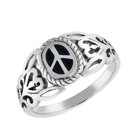 Modern Filigree Embrace Peace Symbol Black Onyx Sterling Silver Ring-7