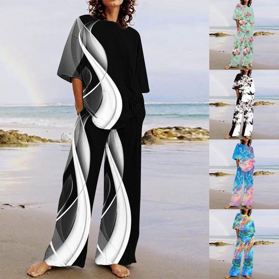 Jacenvly Summer 2024 New Women's Summer Suit Fashion Half Sleeve Printing Color Block Trousers Casual Two-Piece Suit Round Neck Fast Drying Two Piece Outfits Women Plus Size Black