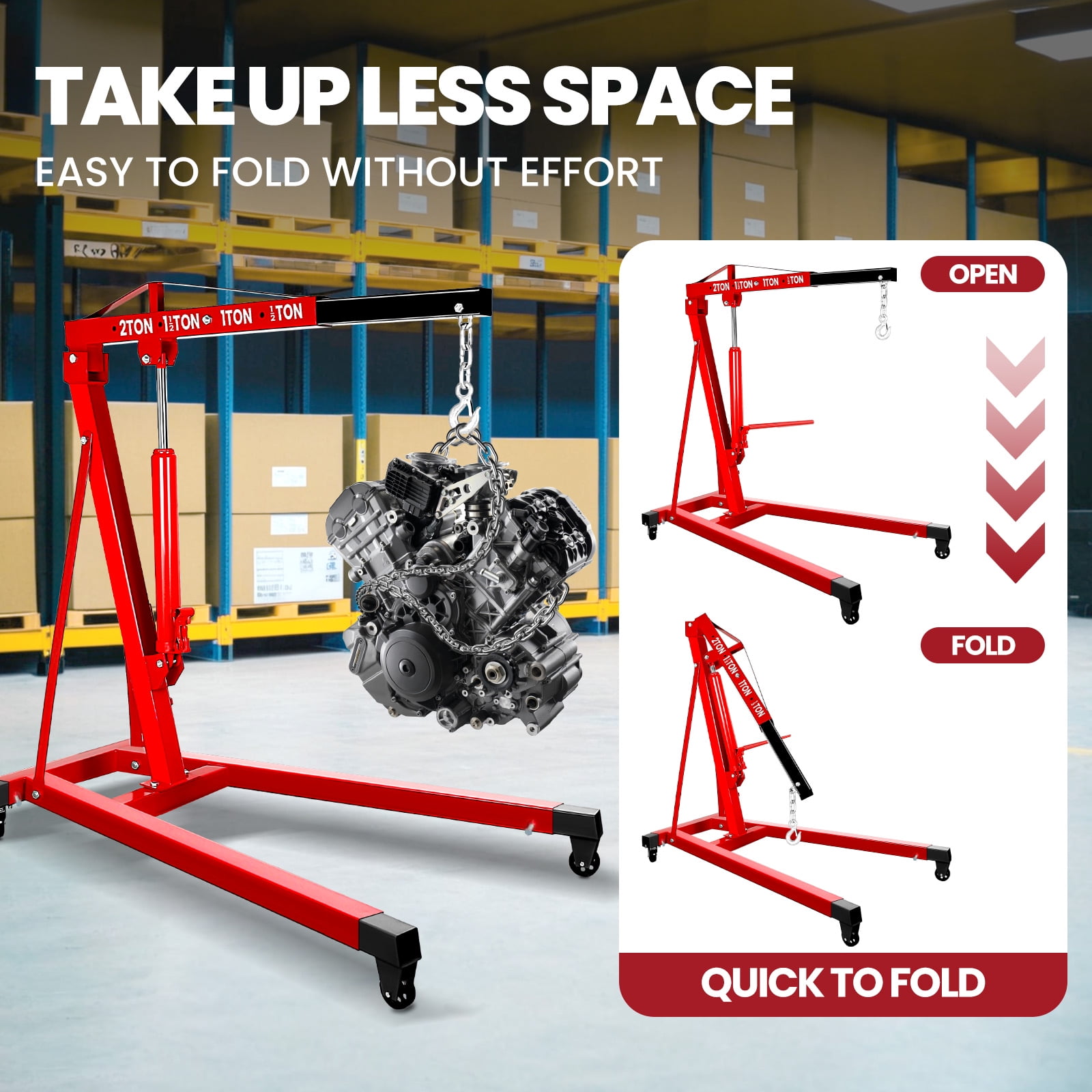 2 Ton Hydraulic Garage Crane, Red Alloy Construction, Adjustable Arm, Engine Crane, Hydraulic Repair Lift, Auto Workshop, Factory Equipment