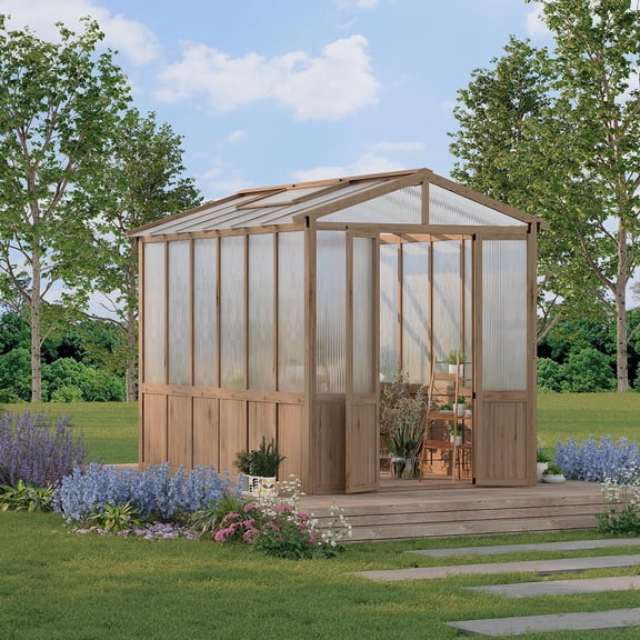 Danolapsi 8x10FT Wooden Greenhouses for Outdoors, Wooden Walk-in Green House with Cedar Frame, Greenhouse Kit with 6MM Thick Polycarbonate Panel（ship in 4 boxes）