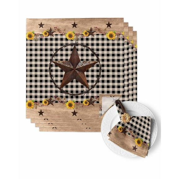 Cloth Napkins Vintage Texas Country Star Sunflower Washable Soft Kitchen Dinner Napkin Set of 4,Farmhouse Wood Plaid Reusable Cocktail Napkins for Wedding Holiday Party Event,20x20In