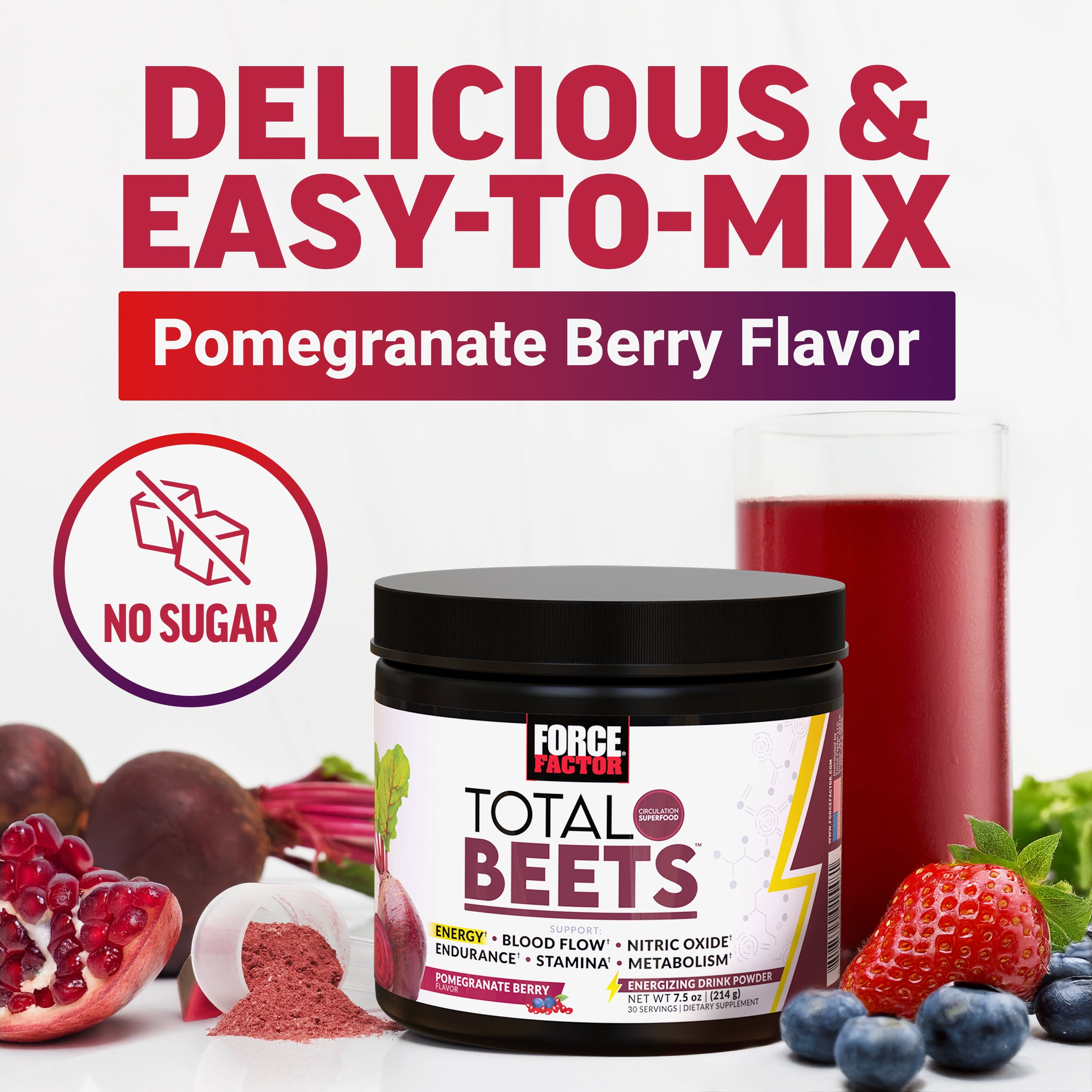 Force Factor Total Beets Energy, Beet Root Powder with Green Tea to Boost Nitric Oxide, Energy, Stamina & Blood Flow, Pomegranate Berry, 30 Servings