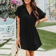 thumbnail image 4 of Wycnly Formal Dresses for Women Beach Casual Button Down Lapel Loose Shirt Short Dresses Short Sleeve V-Neck Solid 2024 Summer Mini Dress Black s, 4 of 7