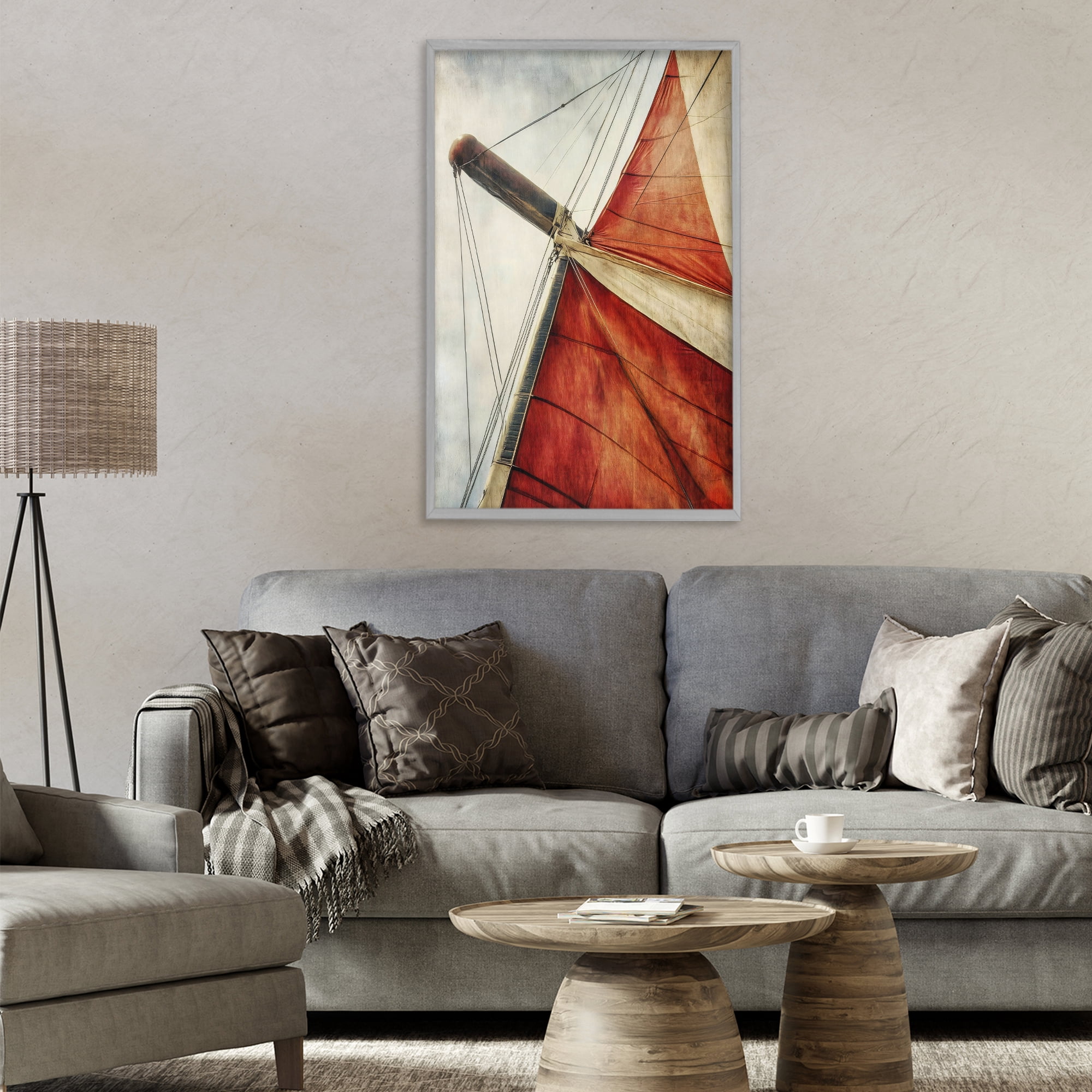 Stupell Industries Red Sail at Sea Gray Framed Giclee Art, design by Creative Studio