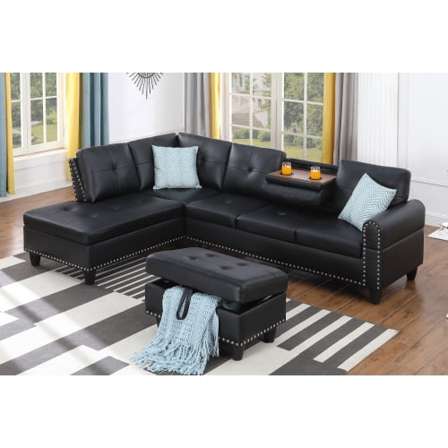 BSHTI 3-Seat Contemporary Faux Leather L-Shaped Sectional Sofa with Reversible Storage Chaise, Storage Ottoman, Cup Holders for Living Room（Black）