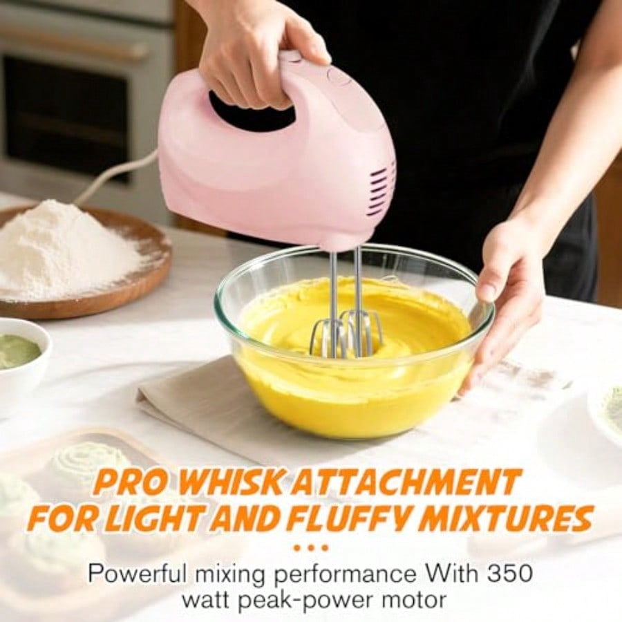 Handmixer Electric Handheld - 5 Speed Portable Kitchen Mixer Electric with 5 Stainless Steel Accessories Whisk Food Beater for Whipping Mixing Cookies Pink