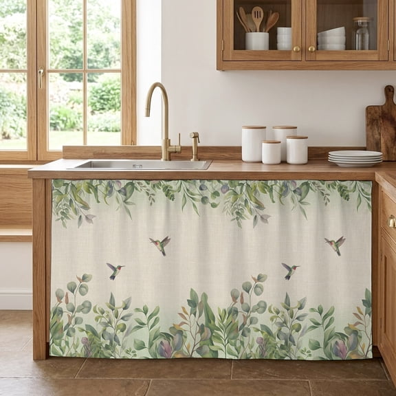 Hummingbird Sink Skirt Curtain 32''x55'',Sage Green Botanical Leaf Vintage Botanical Cabinet Door Curtain Pantry Utility Curtains,Bathroom Kitchen Laundry Privacy Drape Waterproof Dishwasher Curtains