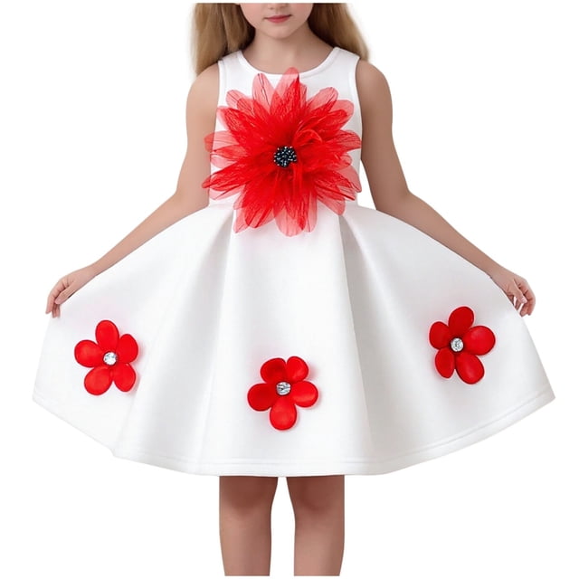 Vestido de cuello redondo sin mangas, bonito vestido de princesa para niña de primavera y verano, falda sin mangas con flores tridimensionales, vestido de poliéster para niños.