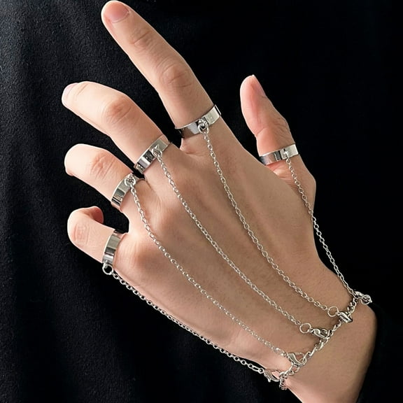 5 Pairs Unisex Hip Hop Chain Open Rings Set Hand Chain Punk Style Five Rings Solid Color Couple Jewelry Wrist Chain Ring