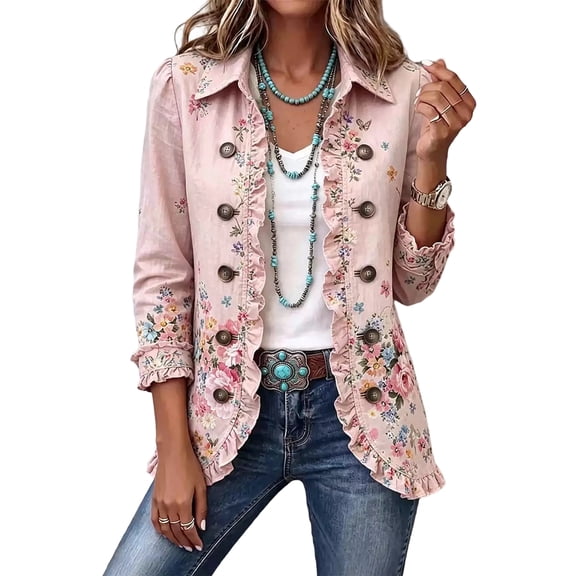 Women's Blazer Vintage Ruffled Lapel Collar Long Sleeve Jacket Fashion Print Business Casual Single Breasted Western Fall Coat Pink M
