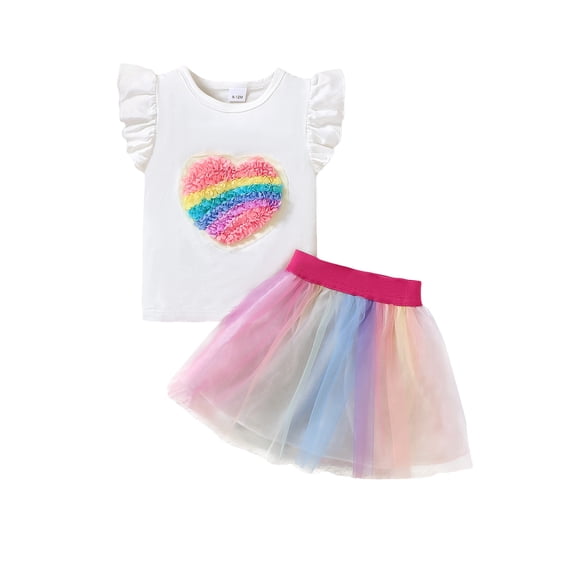 Mikrdoo 3 Months Baby Girls Summer Clothes 6 Months Rainbow Heart Print Ruffle Sleeve Tops and Gauze Skirts Set 2Pcs Cute Outfits White