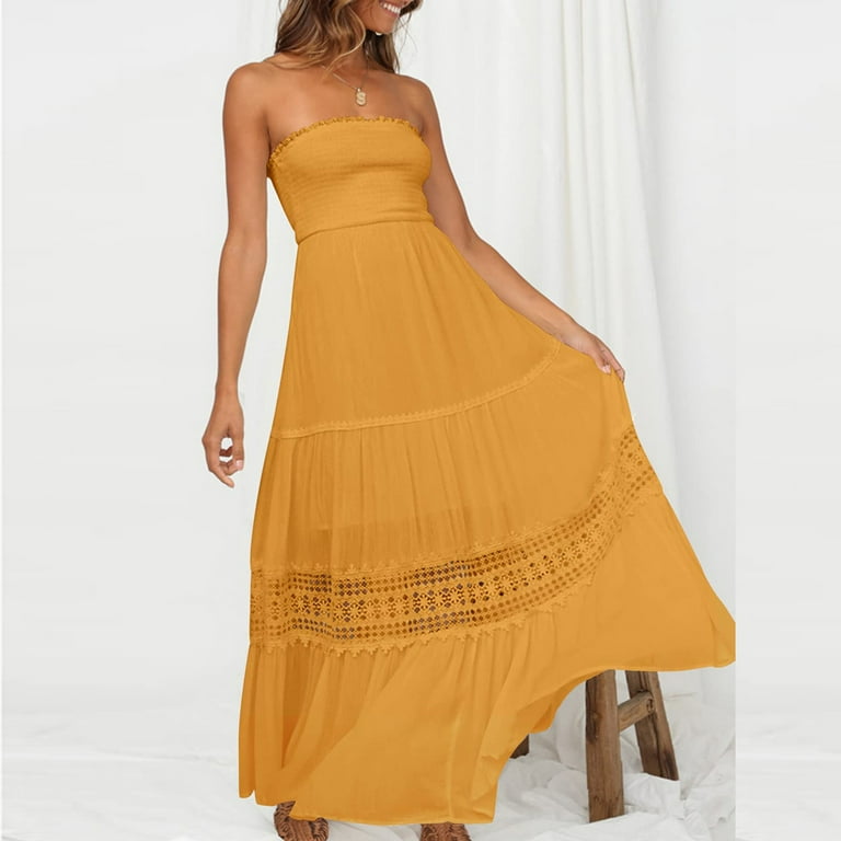 VSSSJ Women's Summer Sleeveless Tube Top Lace Dresses Solid Color Smocked Off Shoulder Strapless Tiered Cutout Ruffle Maxi Dress Yellow XL - Walmart.com VSSSJ Women's Summer Sleeveless Tube Top Lace Dresses Solid Color Smocked Off Shoulder Strapless Tiered Cutout Ruffle Maxi Dress Yellow XL - Walmart.com