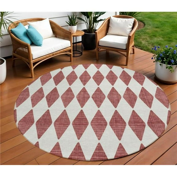 HomeRoots 577027 8 ft. Round Geometric Washable Indoor & Outdoor Area Rug, Burgundy