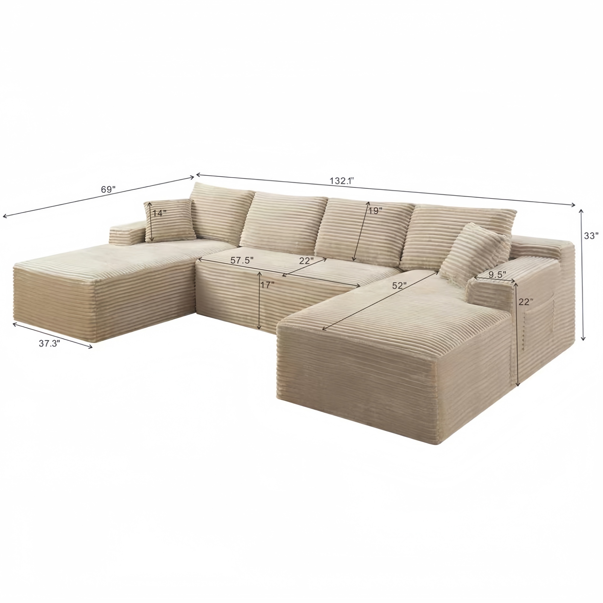 Compressed Boneless Sofa Set with Chaise Lounge, Upholstered Corduroy Couch for 5-6, U-Shaped Modular Sectional Sofa