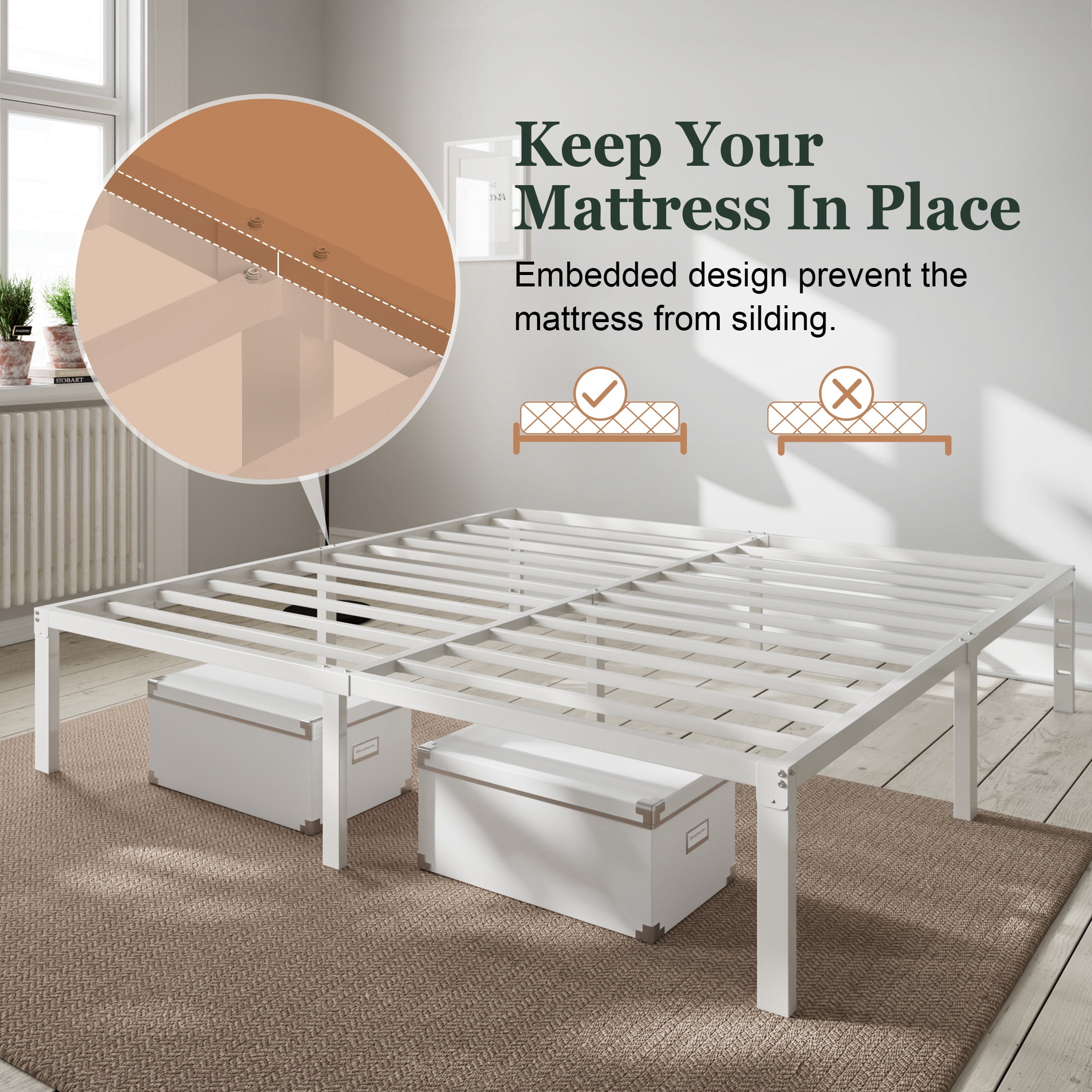 Amolife Heavy Duty King Size 12'' Metal Platform Bed Frame with Ample Under Bed Storage Space, White