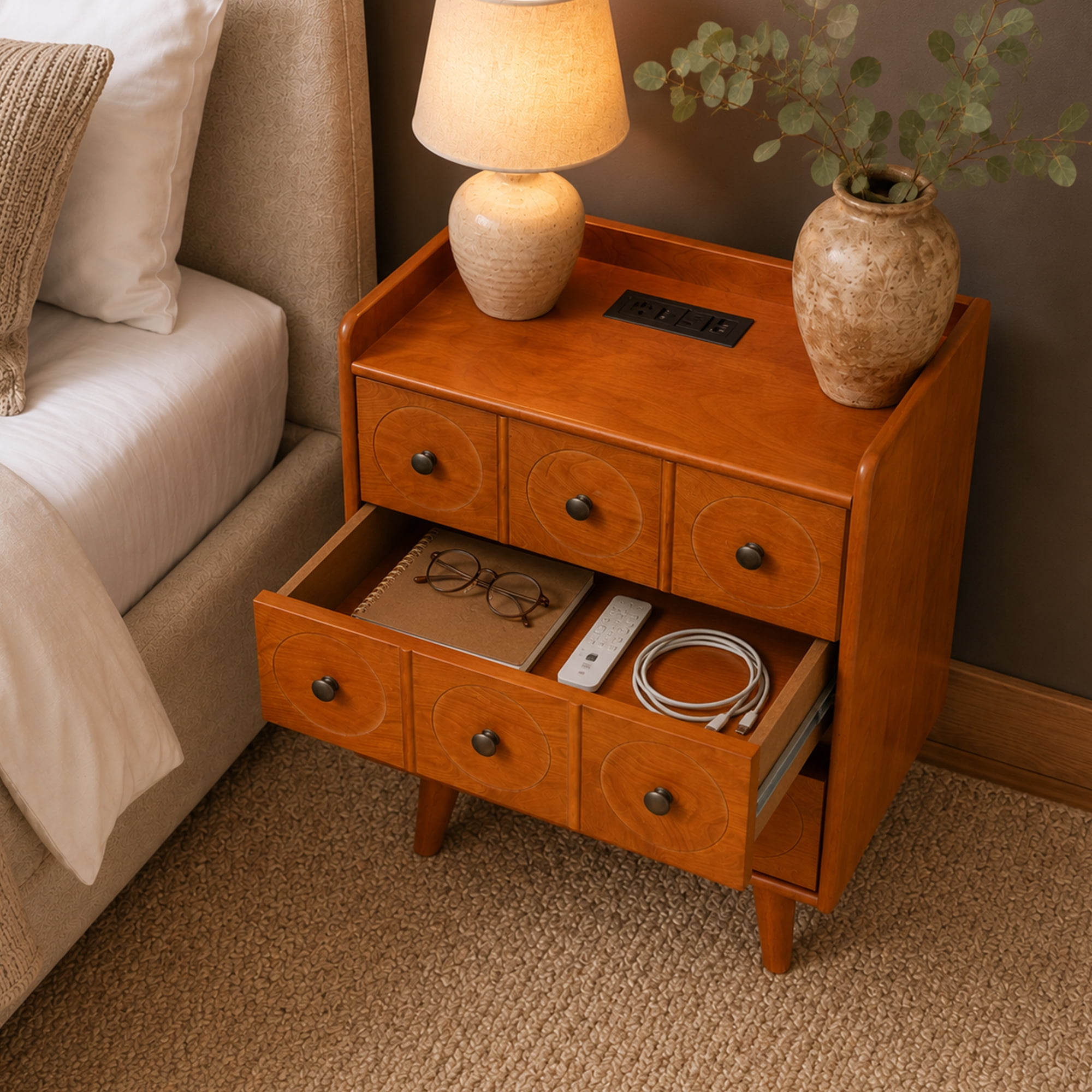 Leumius 3-Drawer End Table with Top Charging Station, 21.65" Length with Outlets and USB Ports, Large Mid Natural Wood Color End Table for Bedroom, Living Room