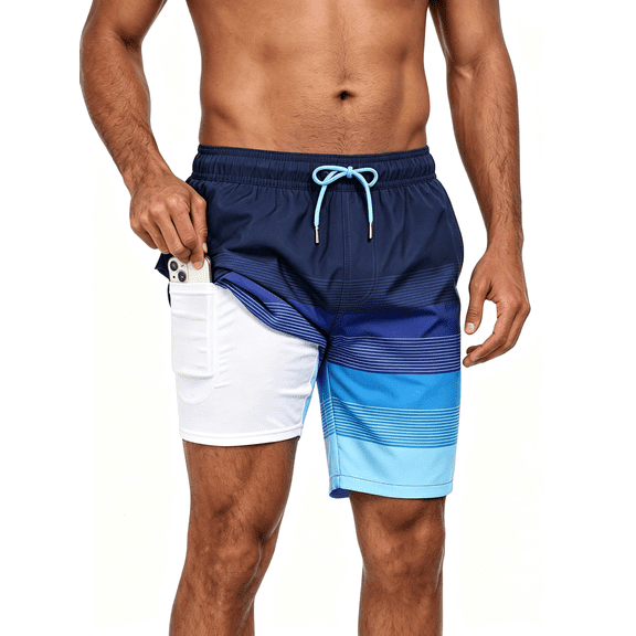 Mowujeit Mens Swim Trunks with Zipper Pockets Quick Dry Liner Bathing Suit-stripe S