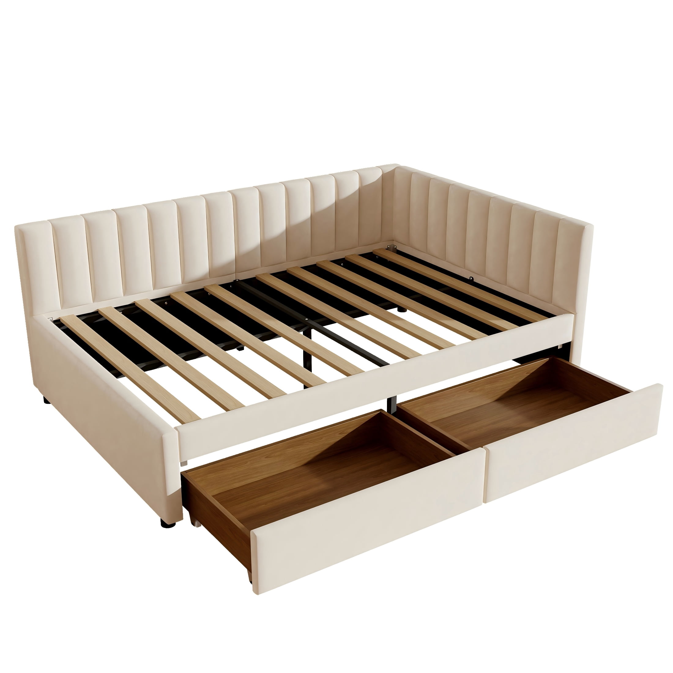 Aukfa Full Size Upholstered Daybed with 2 Storage Drawers, Velvet L-Shaped Channel-Tufted Headboard, Beige