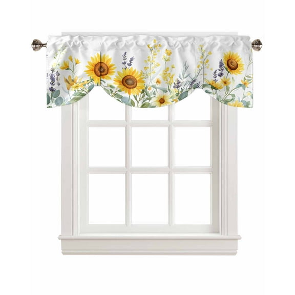 Tie Up Valance Curtain for Kitchen,Spring Sunflowers Yellow Flower Leaf Rod Pocket Short Curtains Adjustable Tie-Up Shade Valances,Country Botanical Window Treatment for Bathroom Bedroom