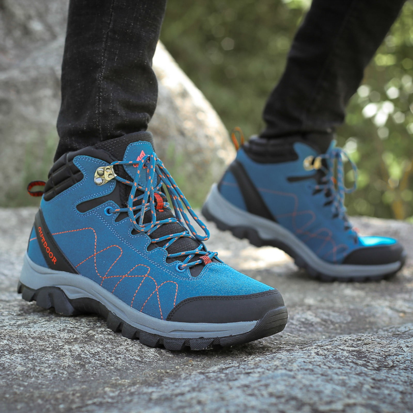 Durtebeua Men's Waterproof Hiking Boots Outdoor Mid Trekking Backpacking Mountaineering Shoes Blue,7.5
