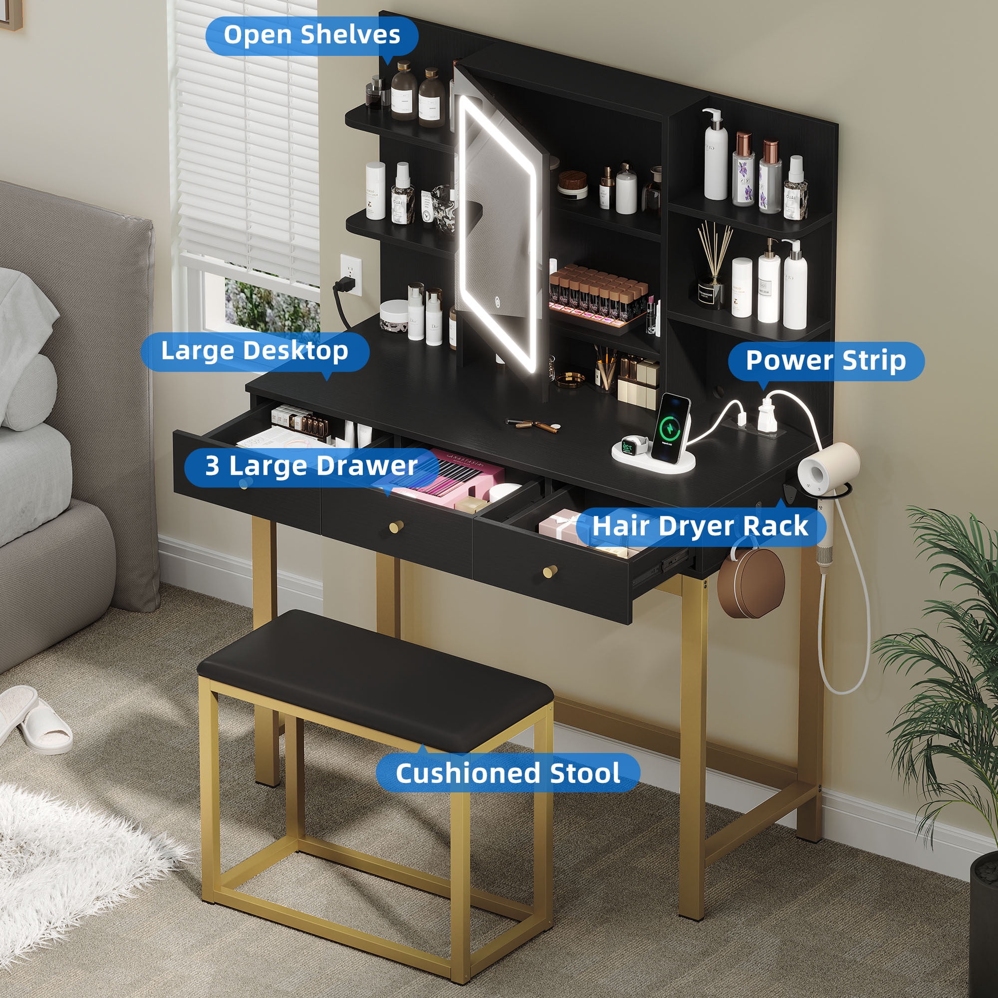 Uforic Makeup Vanity Set with LED Lighted Mirror, Makeup Desk with Drawers & Stool, Vanity Dressing Table with Hidden Storage Shelves, Makeup Dressing Table Set for Girls,Princess, Black