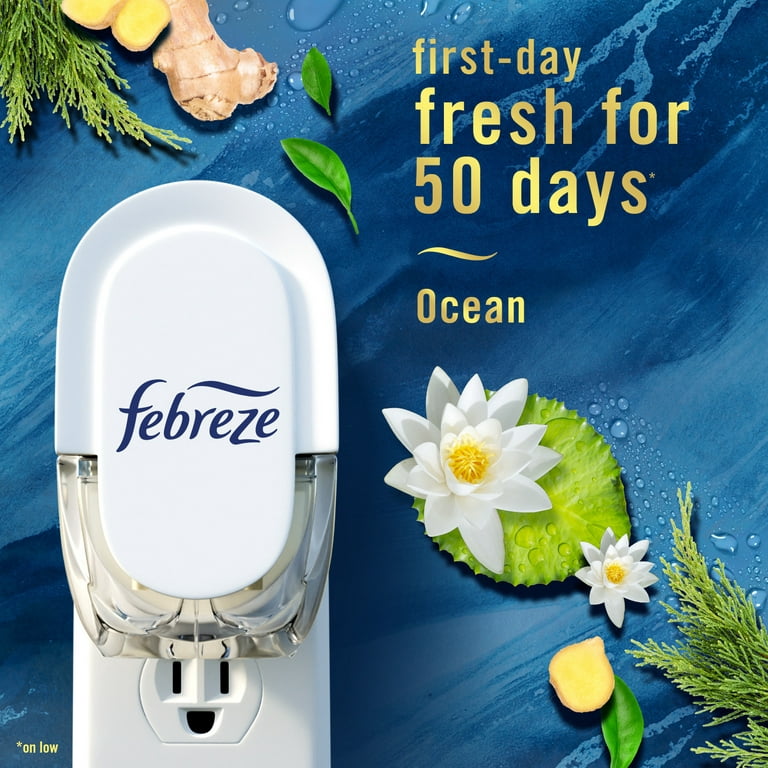 Febreze Fade Defy Plug Air Freshener & Odor Fighter, Ocean, Starter Kit &  (1) .87 fl. oz. Oil Refill