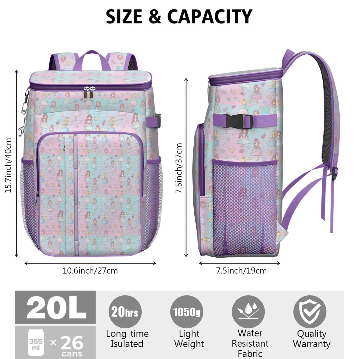 Travel Cooler Bag - Pastel Princess Pattern Camping Beer Cooler Backpack with Bottle Opener- Waterproof Insulated Picnic Backpacks - Cooler Bag for Beach
