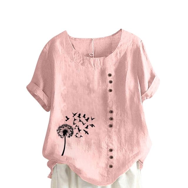 LMKIHUSA Hauts en Lin et Coton pour Femmes Petite Col Rond Boutons Hauts Boho Tunique à Imprimé Floral T-Shirts Manches Courtes Retroussées Blouses Rose,m