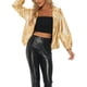 thumbnail image 1 of CHAQUETA METÁLICA BRILLANTE CON CAPUCHA Y CREMALLERA PARA MUJERES INSPIRADA EN CHIC, DE MANGA LARGA, TAMAÑO XS, COLOR DORADO, 1 of 5