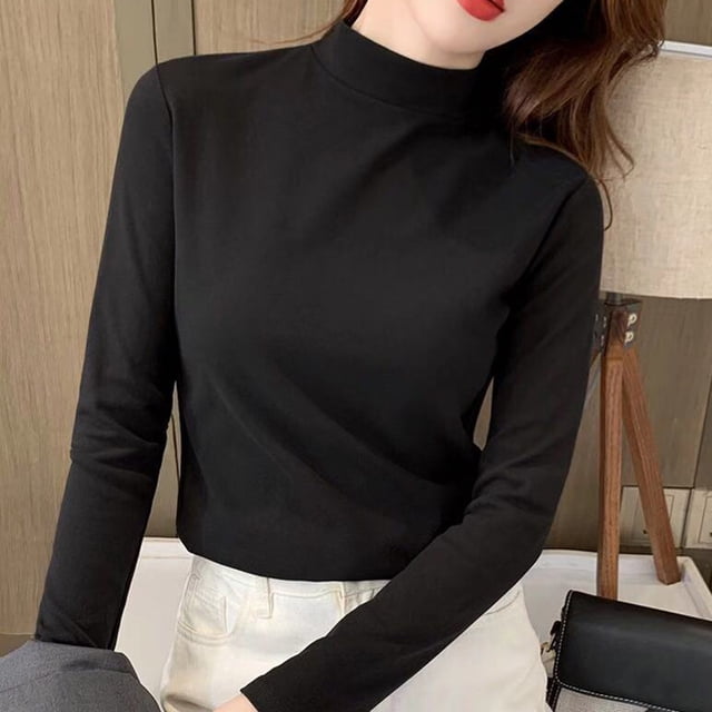 Tittly Womens chandail-Over Hauts de Sortie pour Femmes Slim Décontracté Solide Manches Longues Blouse à Col Roulé Tops Coupe Ajustée Couche Extensible T-Shirts Vêtements d'Hiver pour Femmes Pulls Noirs G