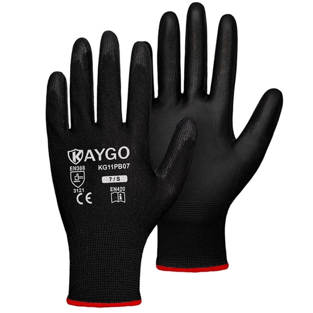 KAYGO Guantes de trabajo de seguridad recubiertos de PU-60 pares KG11PB Guante de punto sin costuras con agarre suave recubierto de poliuretano en la palma y los dedos para hombres y mujeres Ideal par
