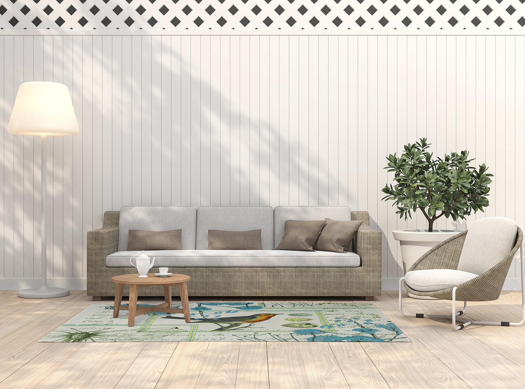 Simply Daisy 5' x 7' Explorer Blue Singing Bird Spring Chenille Indoor/Outdoor Rug